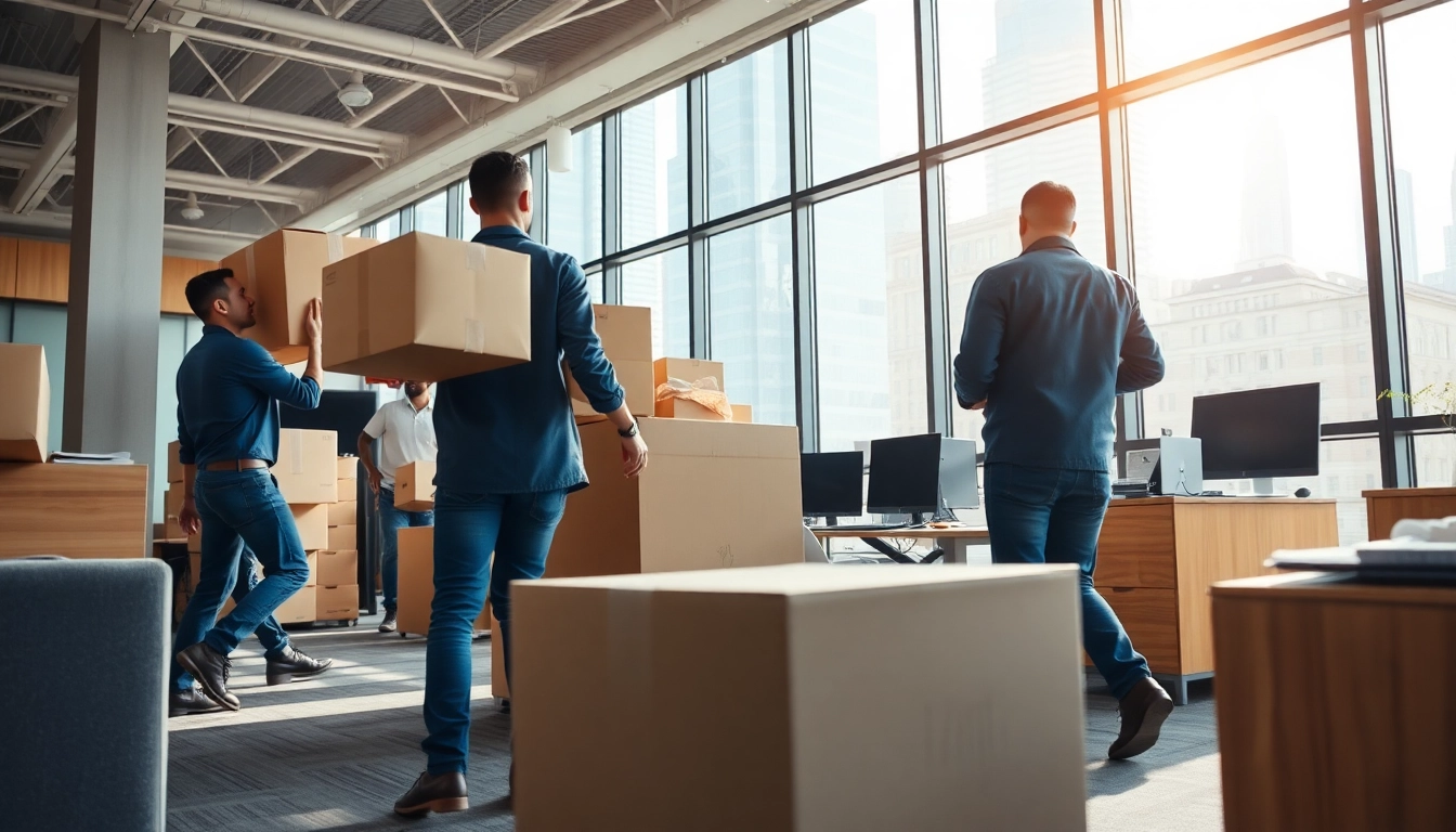 Movers showcasing Commercial Moving Services NYC efficiently in a vibrant office.