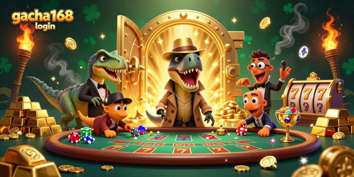 Engage with exciting games at gacha168 login featuring a playful velociraptor and dazzling casino elements.