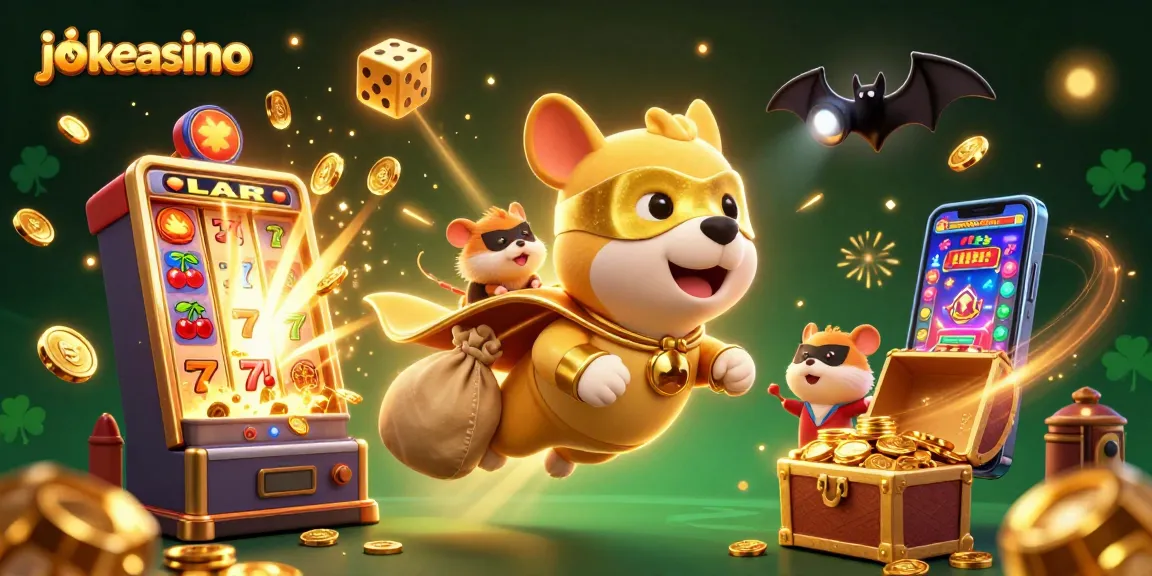 Engaging jokacasino scene showcasing a superhero dog and hamster in a vibrant casino explosion.