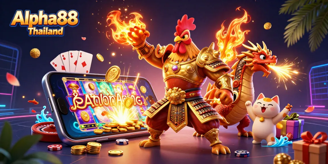 Engage with the thrilling Alpha88 Thailand gaming experience featuring a rooster warrior and dragon hatchling.