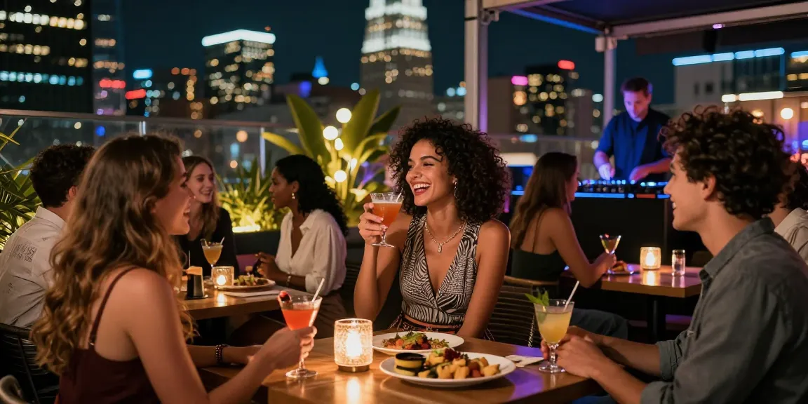 Gái gọi gặp gỡ bạn bè tại bar trên cao với bầu không khí sôi động