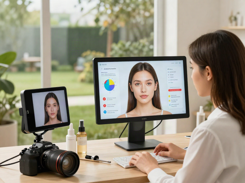 Attractiveness test in a beauty lab with a woman analyzing her features using interactive technology.