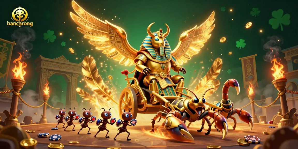 Engage in thrilling gameplay at bancarong with a vibrant casino scene featuring a golden scarab and scorpions.