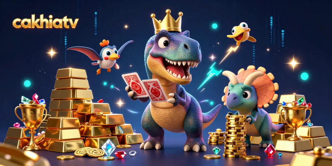 Cakhiatv showcases a T-Rex shuffling cards while enjoying a rich gambling atmosphere with gold treasures.