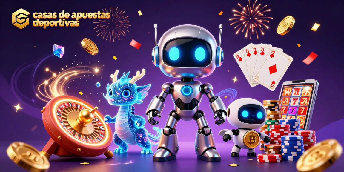 Casas de apuestas deportivas: un robot cibernético y un dragón holográfico entre monedas doradas y fichas de póker.
