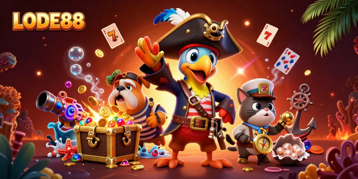 Engage with LODE88 through a vibrant 3D pirate-themed casino adventure featuring action-packed slot elements.