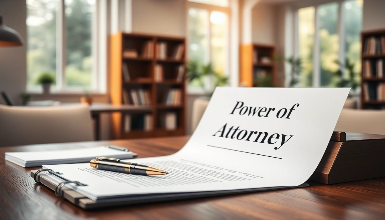 Signing a Power of Attorney document on a wooden desk with legal paraphernalia.