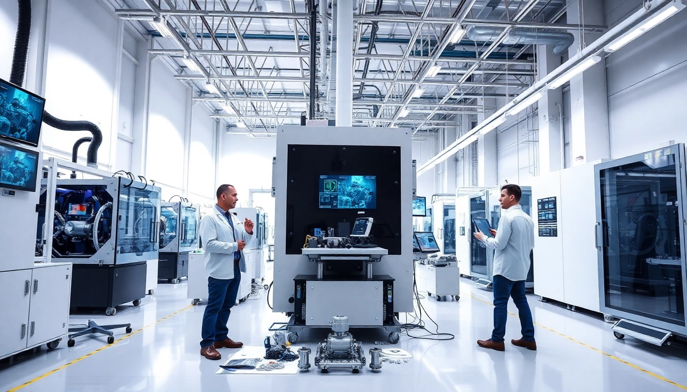 Engineers collaborating on Contract Manufacturing Services in a modern factory environment highlighting advanced machinery.
