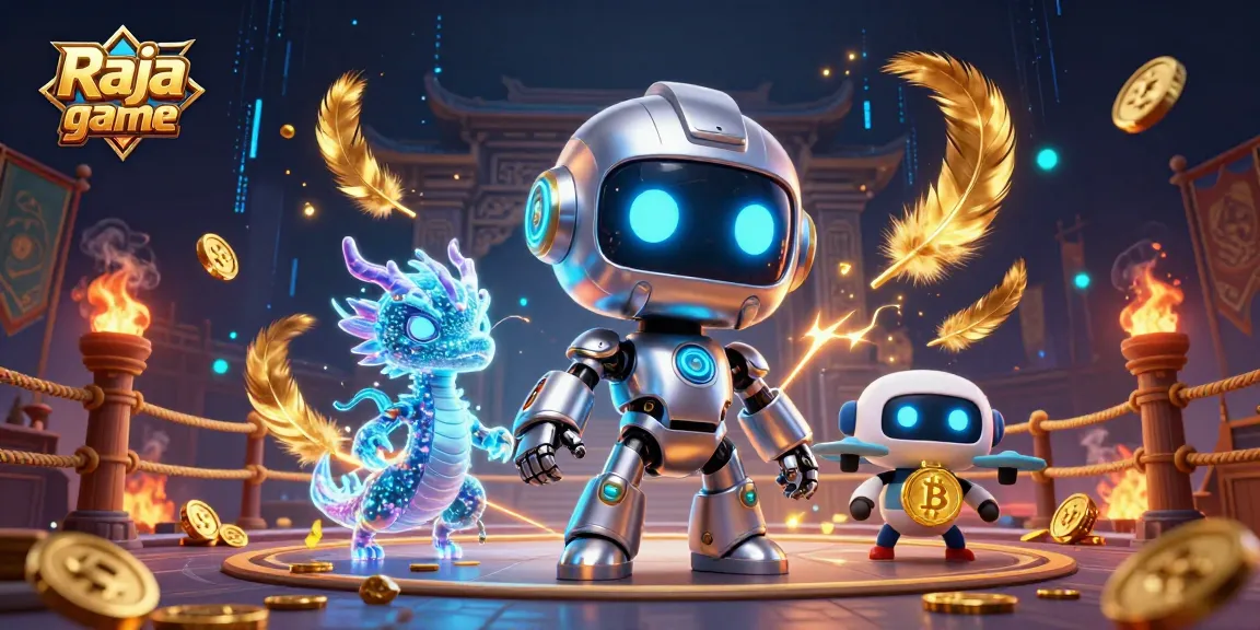 Play exciting games on Raja game with our dynamic 3D casino illustration featuring colorful characters.
