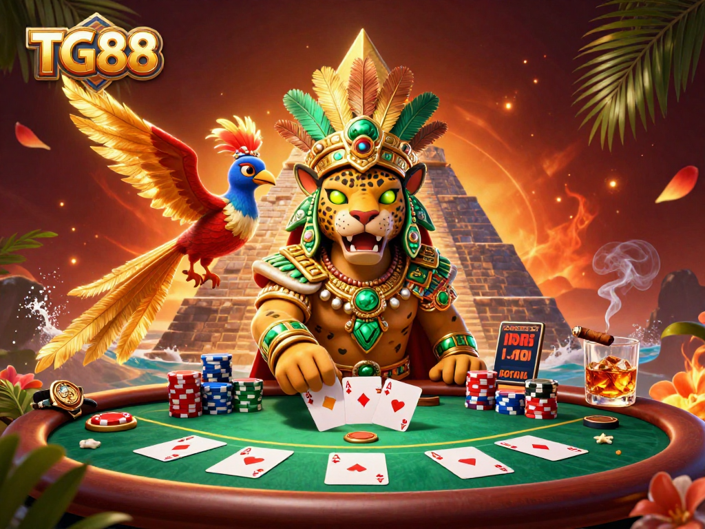 Engage with TG88's vibrant gaming experience featuring an intricately detailed poker scene illuminated with a Mayan theme.