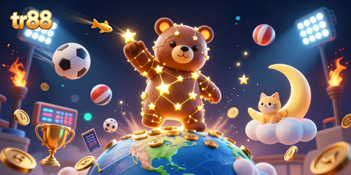 Engage in thrilling gameplay with tr88 while a starry bear scoops coins in this dynamic casino scene.