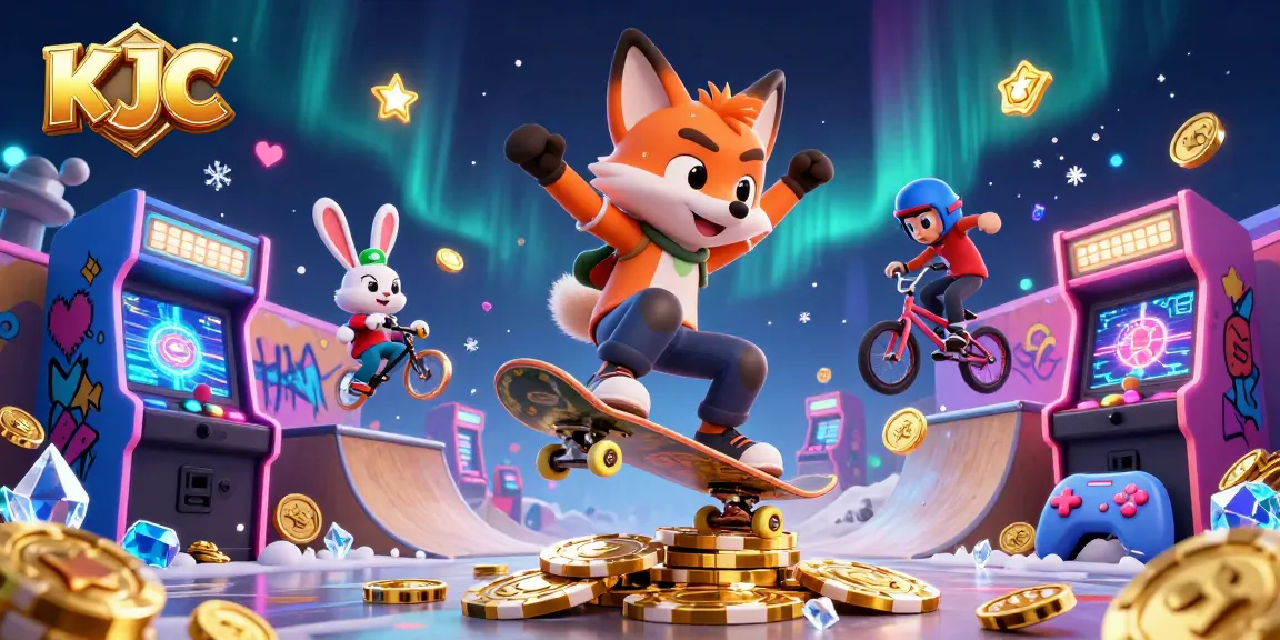 KJC casino scene showcasing a skateboarder fox and BMX rabbit amidst vibrant gaming elements