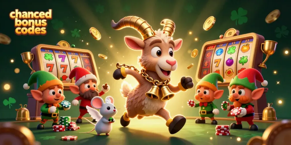 Engage with chanced bonus codes at a dynamic, festive casino scene featuring Krampus and playful characters.