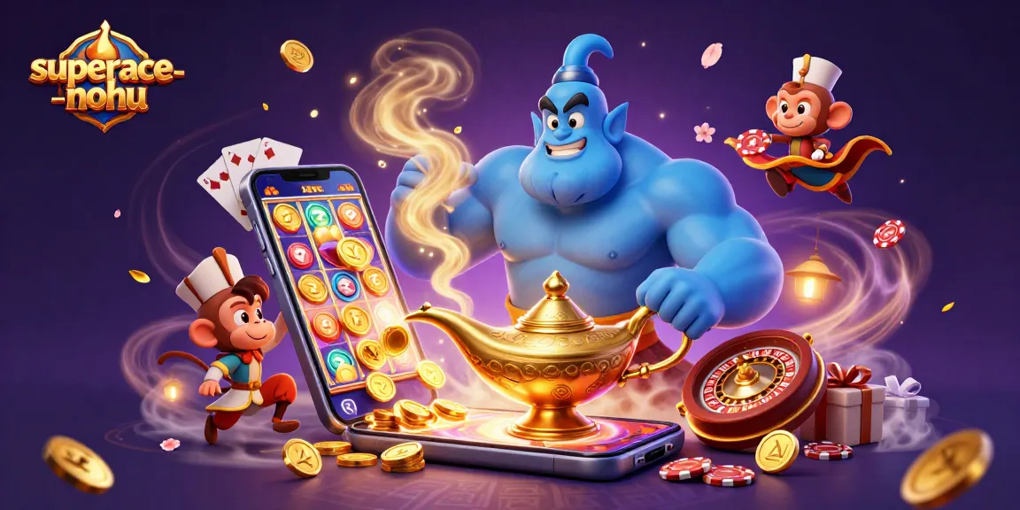 Experience the excitement of superace-nohu with stunning 3D illustrations showcasing a magical genie and casino games.