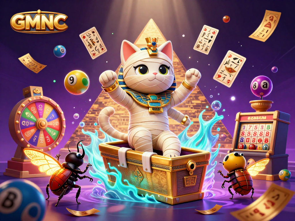 Witness GMNC's thrilling casino adventure with a mummy cat and vibrant game elements.