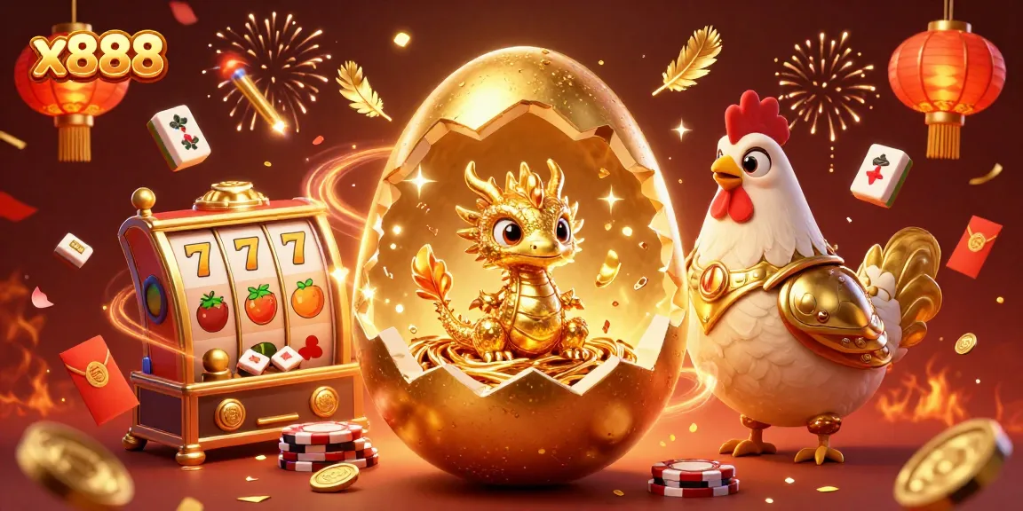 x888 reveals a golden dragon among slot reels and poker chips, symbolizing gaming fortune and excitement.
