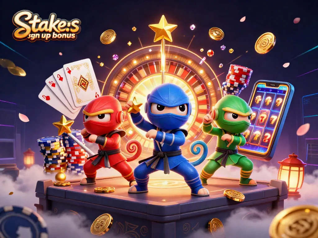 Experience the excitement of the stake.us sign up bonus with vibrant casino elements and ninja chameleons.