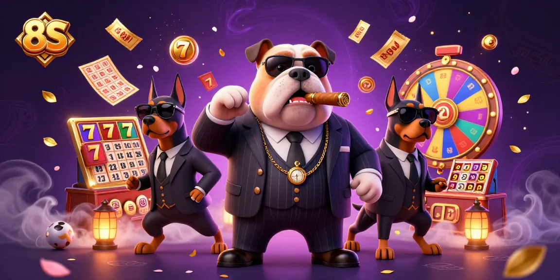 8S presents a vibrant 3D casino scene showcasing a mafia bulldog and two Doberman bodyguards amidst slot reels and jackpot counters.