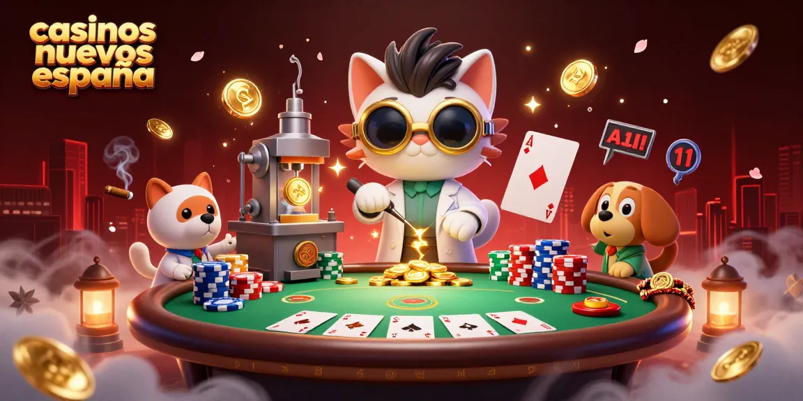 Disfruta de los casinos nuevos en España con un gato científico loco y su perro asistente en una escena vibrante.