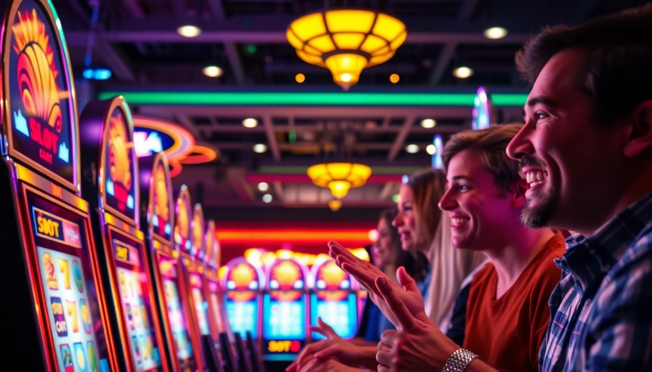 Engaging slot gambling experience with vibrant machines and excited players at a casino.