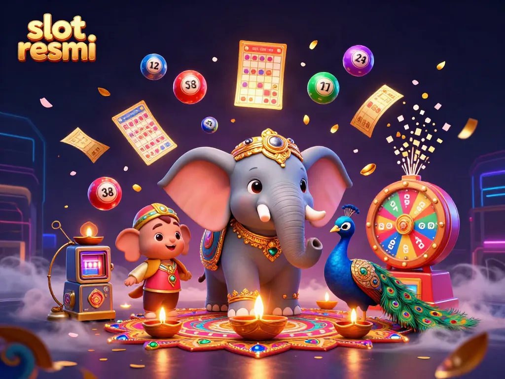 Spin to win with vibrant slot resmi themed illustration featuring colorful lottery elements.