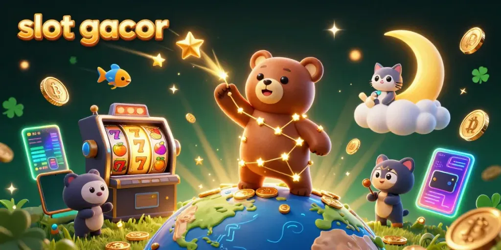 Engage with slot gacor through this vibrant, dynamic 3D illustration showcasing exciting gaming elements.