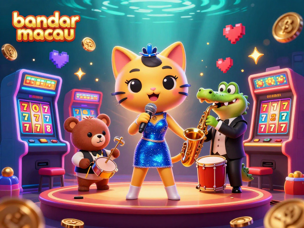 Experience the excitement at bandar toto macau with dynamic slot machines, jazz characters, and vibrant casino elements.