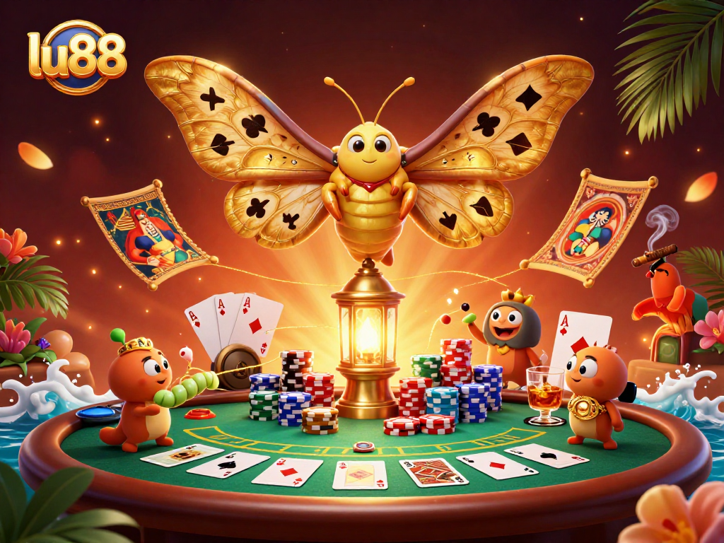 Experience thrilling gameplay at lu88 with a vibrant 3D casino scene bursting with poker elements.