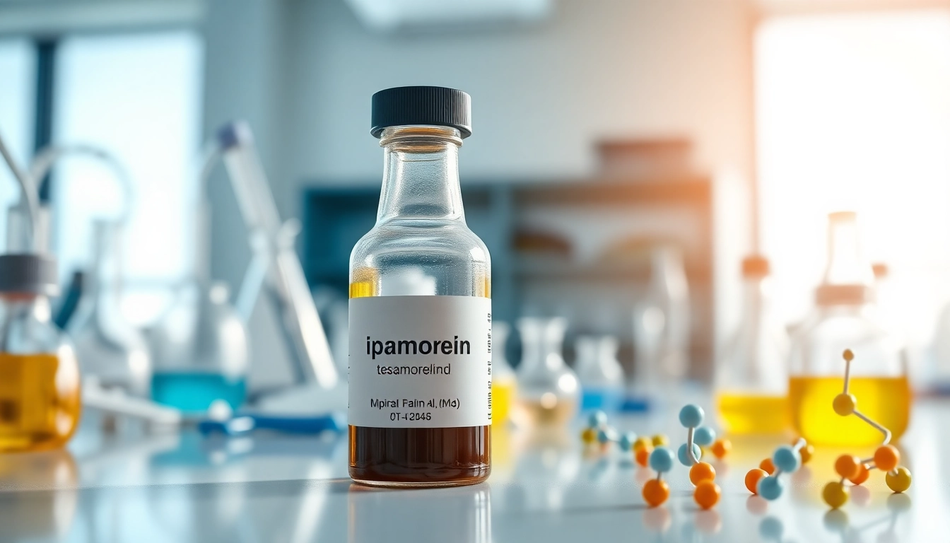 Visualize a glass vial containing ipamorelin/tesamorelin blend amid a modern research lab.