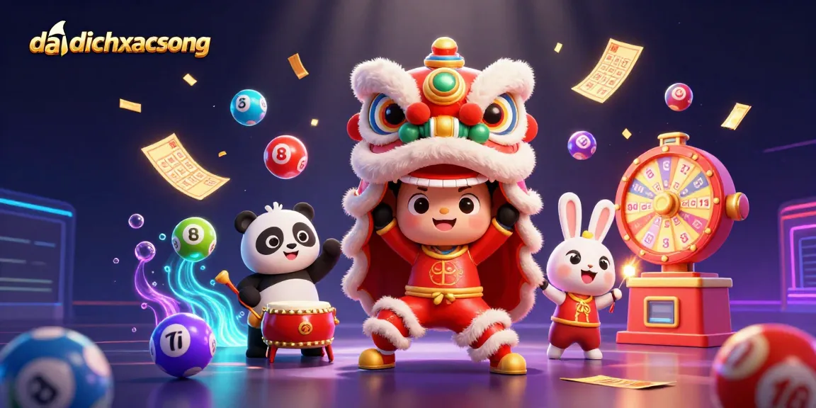 Experience daidichxacsong's vibrant lottery scene with characters amid colorful elements and dynamic gambling features.