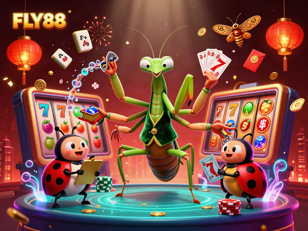 Experience FLY88's thrilling atmosphere with a giant mantis dealer and ladybug pit boss amid vibrant slot reels and celebration.