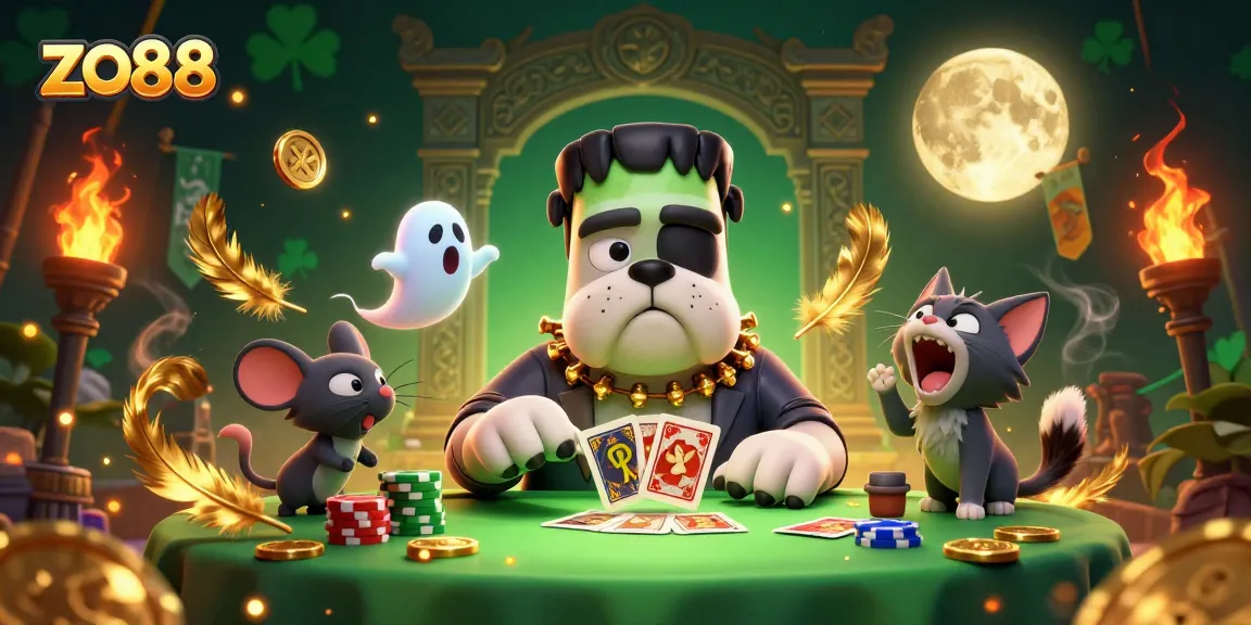 Z0 88 showcases exciting gambling action with a Frankenstein bulldog dealer and a werewolf kitten in a vibrant casino scene.