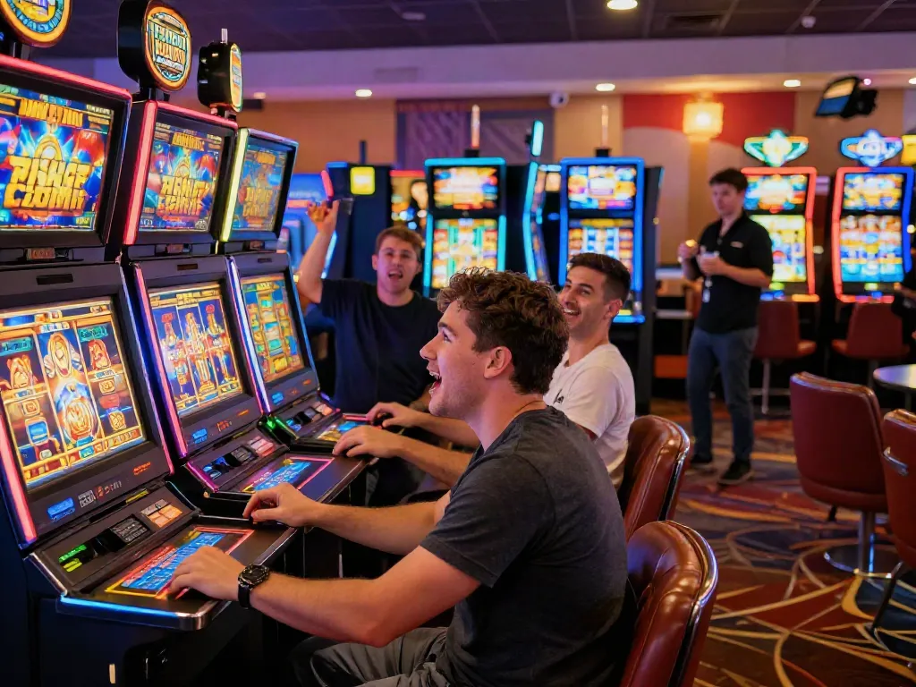 Slot gacor hari ini di kasino dengan pemain bersemangat yang menikmati mesin slot yang menguntungkan.