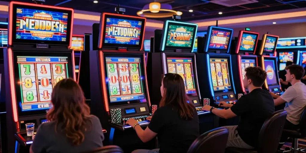 Exciting scene of players enjoying slot online games in a modern casino environment with vibrant lighting and engaging atmosphere.