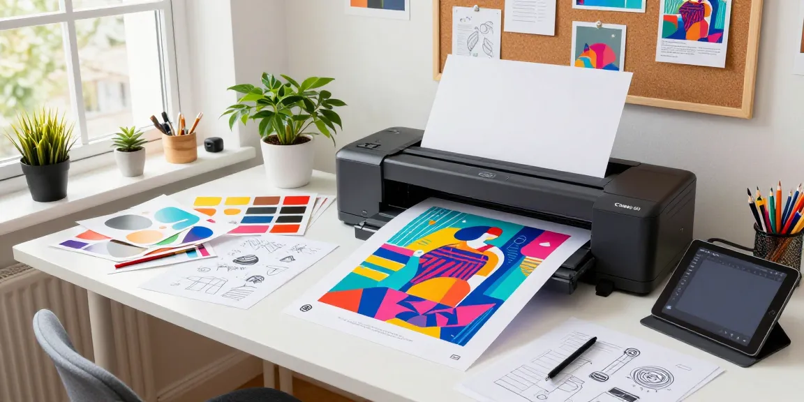 Custom poster printing in a vibrant home studio featuring graphic design elements, art supplies, and a professional printer.