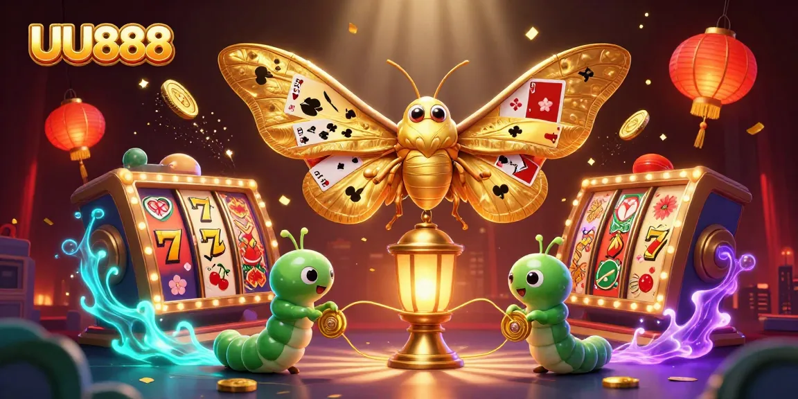 Join the fun at UU888 with a spectacular casino scene featuring a mythical moth and vibrant slot elements.