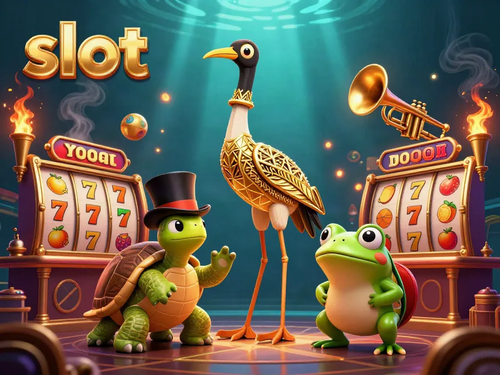 Slot permainan mesin dengan karakter unik dalam ilustrasi kasino 3D berwarna cerah.