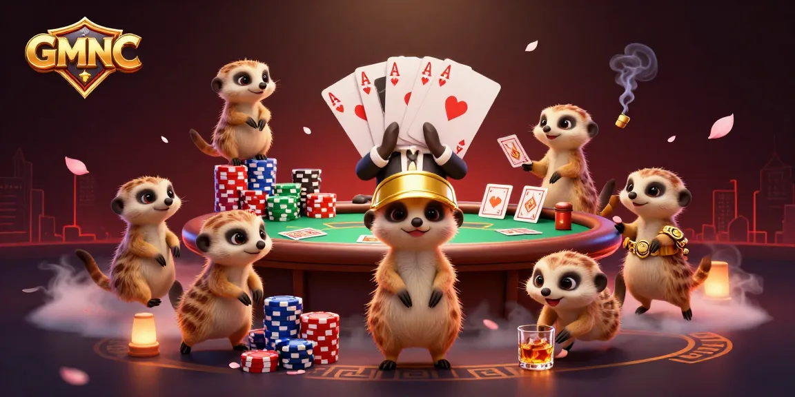 Engaging meerkats manage a vibrant casino scene for GMNC, highlighting poker excitement and rich details.