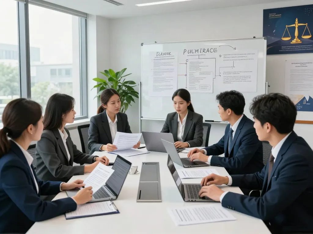A team of legal professionals at Lead Roedl collaborating in a modern office.