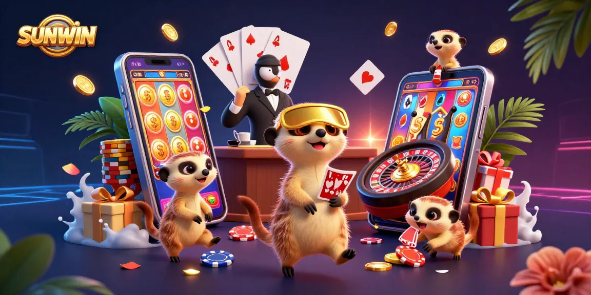 SUNWIN casino meerkats orchestrating fun games, showcasing vibrant slot entertainment.