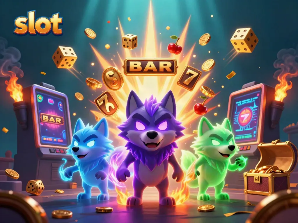 Kemenangan slot dengan pemimpin serigala bayangan dan simbol jackpot bersinar.