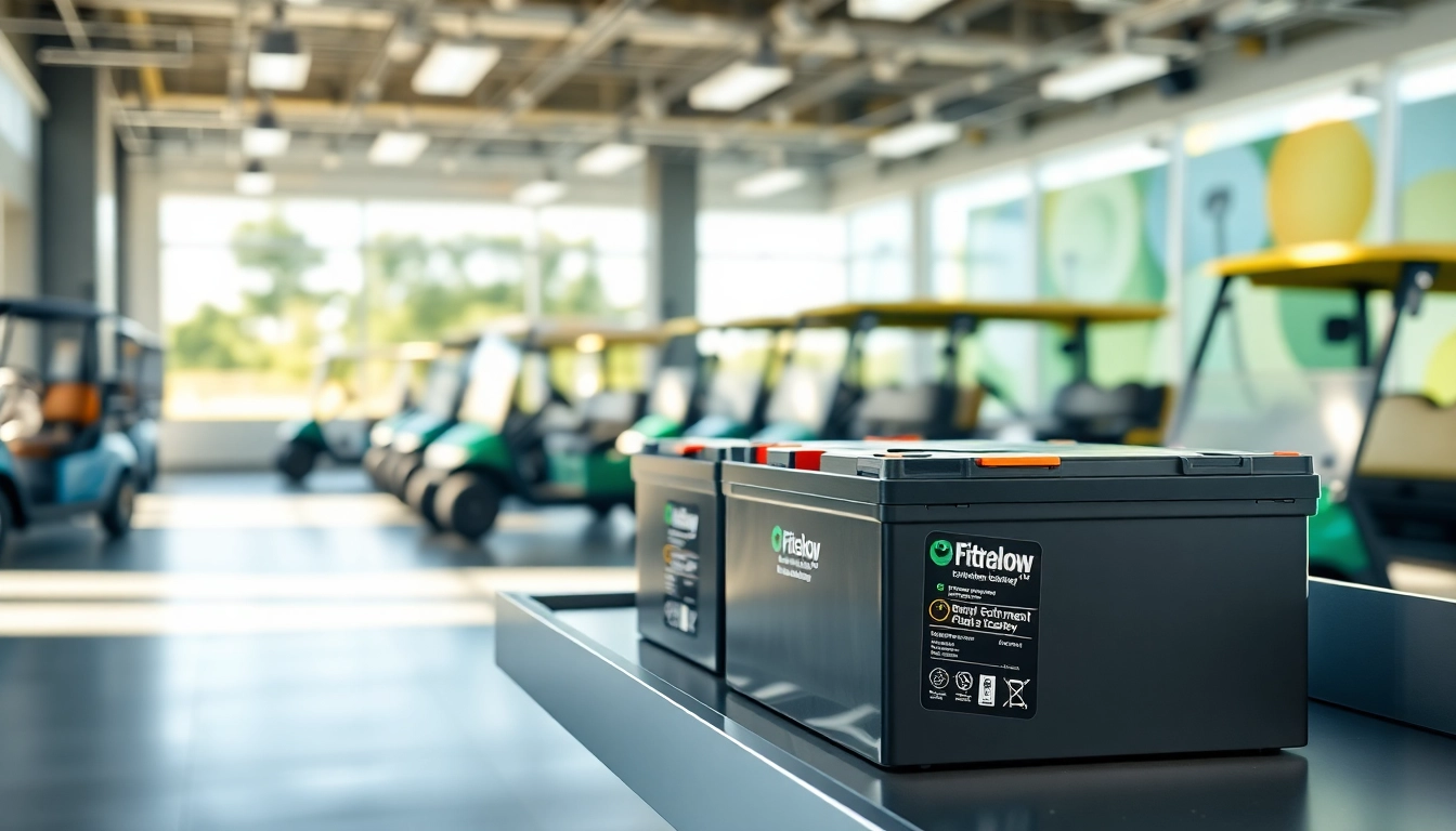Showcasing lithium golf cart batteries on display, highlighting energy efficiency and modern design.