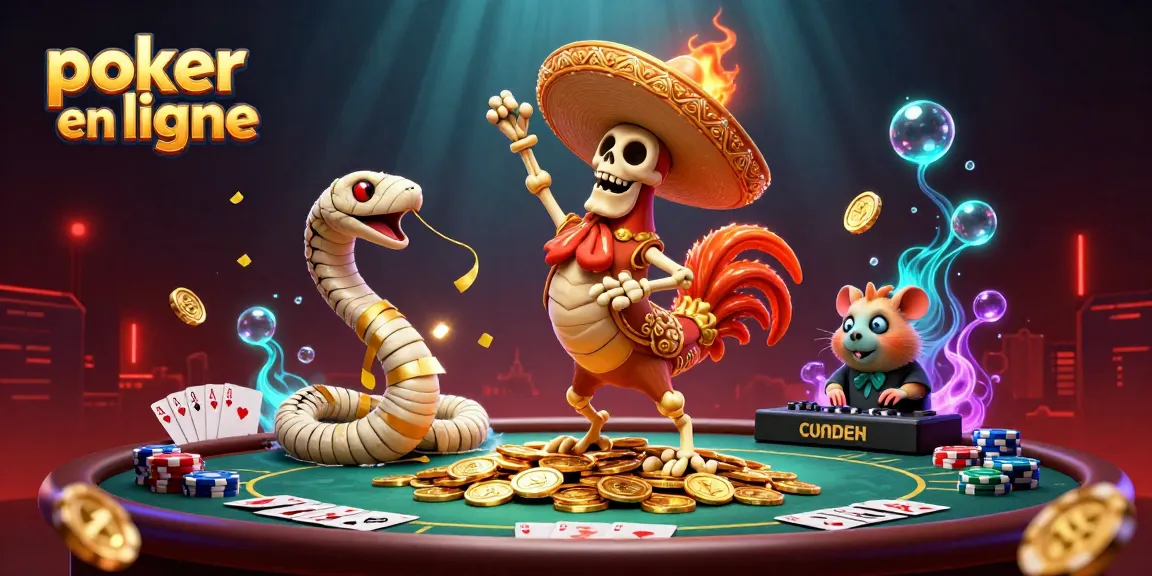 Jouez au poker en ligne avec cette scène dynamique, mettant en avant des personnages colorés et des éléments de jeux captivants.