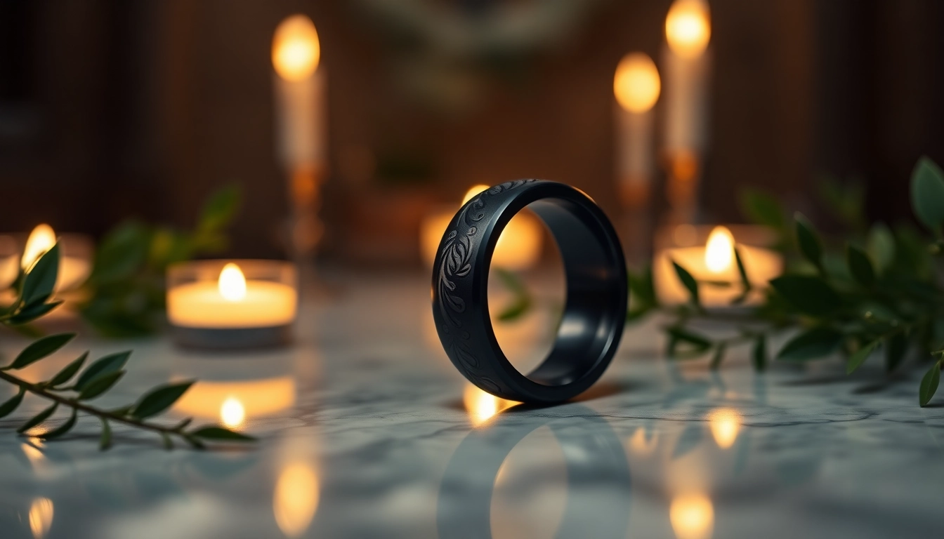 Stylish black wedding rings for men elegantly arranged, highlighting their unique features and textures.