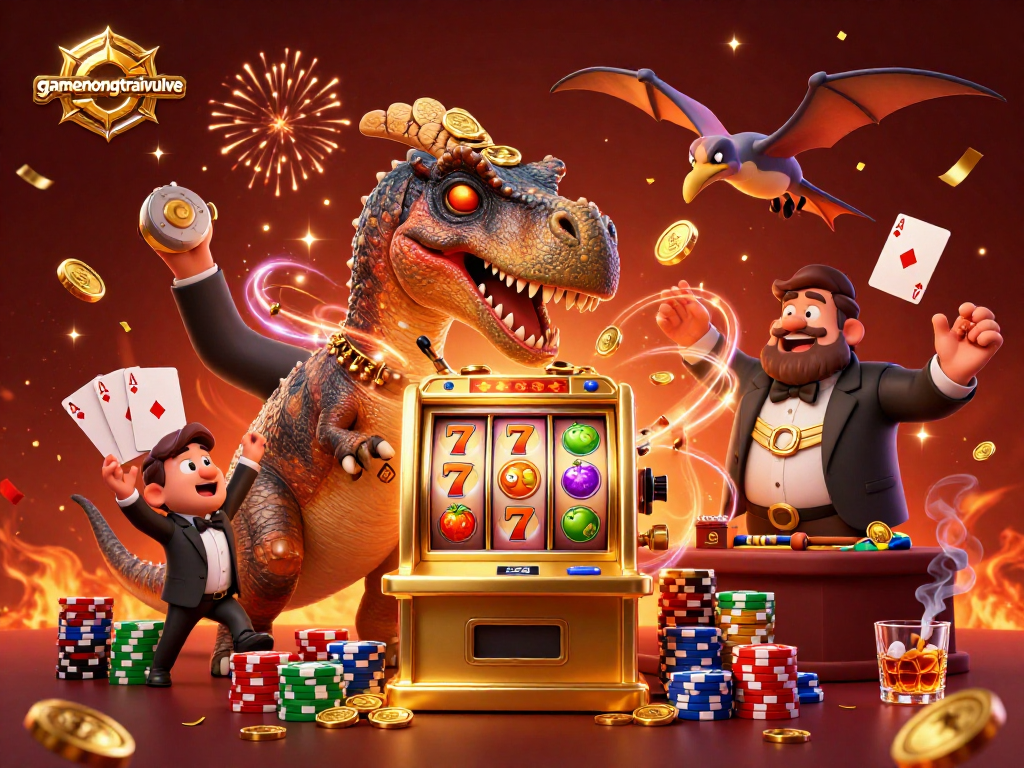 Eye-catching scene with gamenongtraivuive showcasing a pachycephalosaurus winning jackpot coins in an exciting cartoon casino.