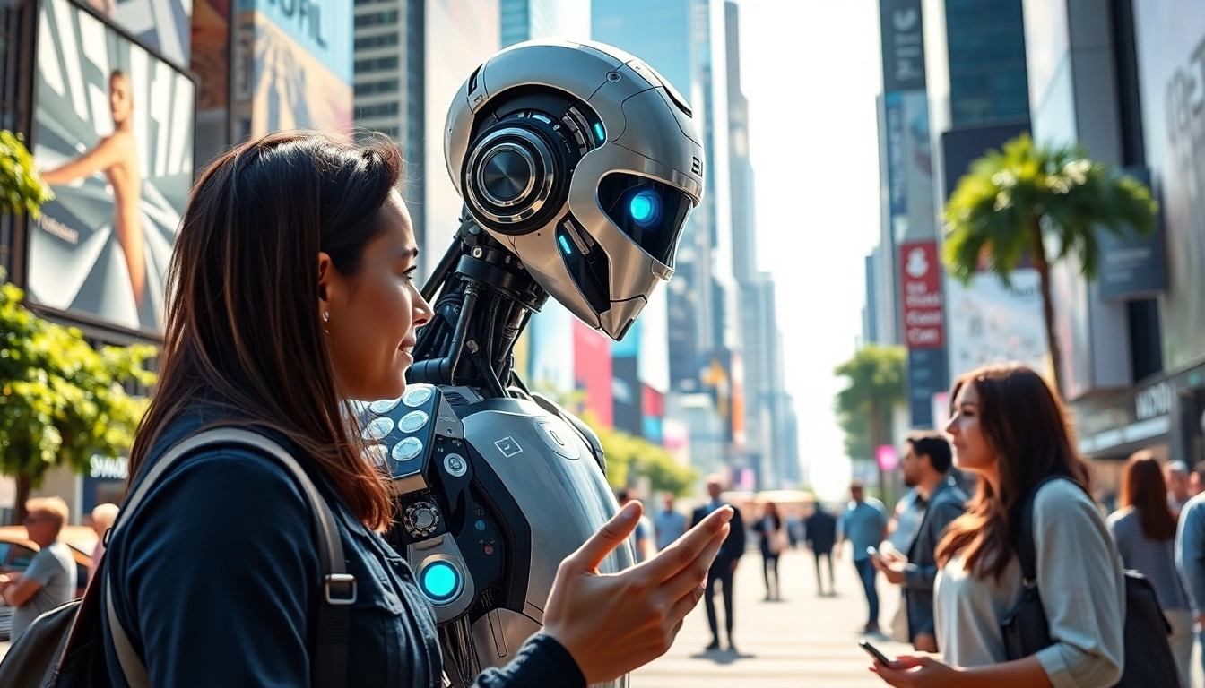 Engage with Ai agents showcasing human-tech collaboration in a future urban environment.
