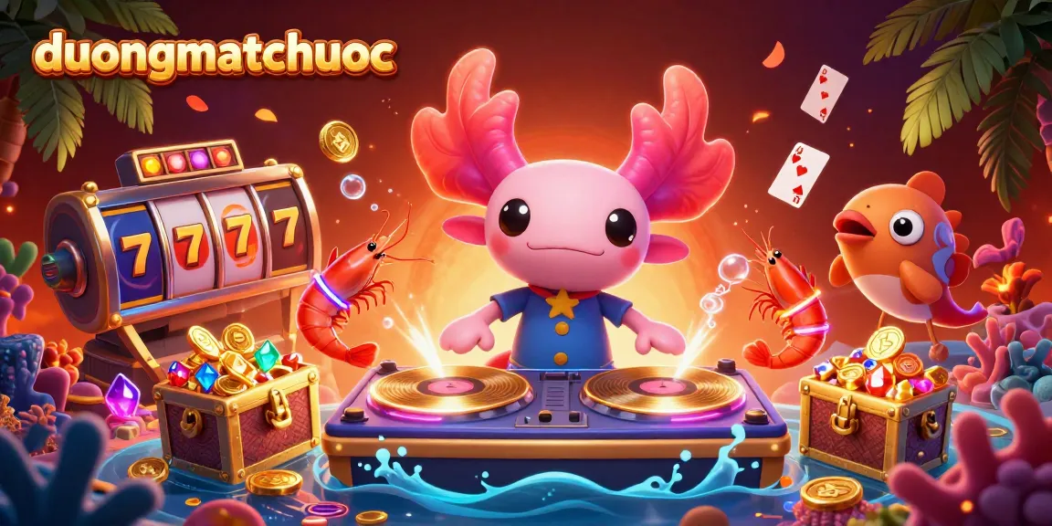 Engage with duongmatchuoc's vibrant casino scene featuring an axolotl DJ and lively aquatic characters.