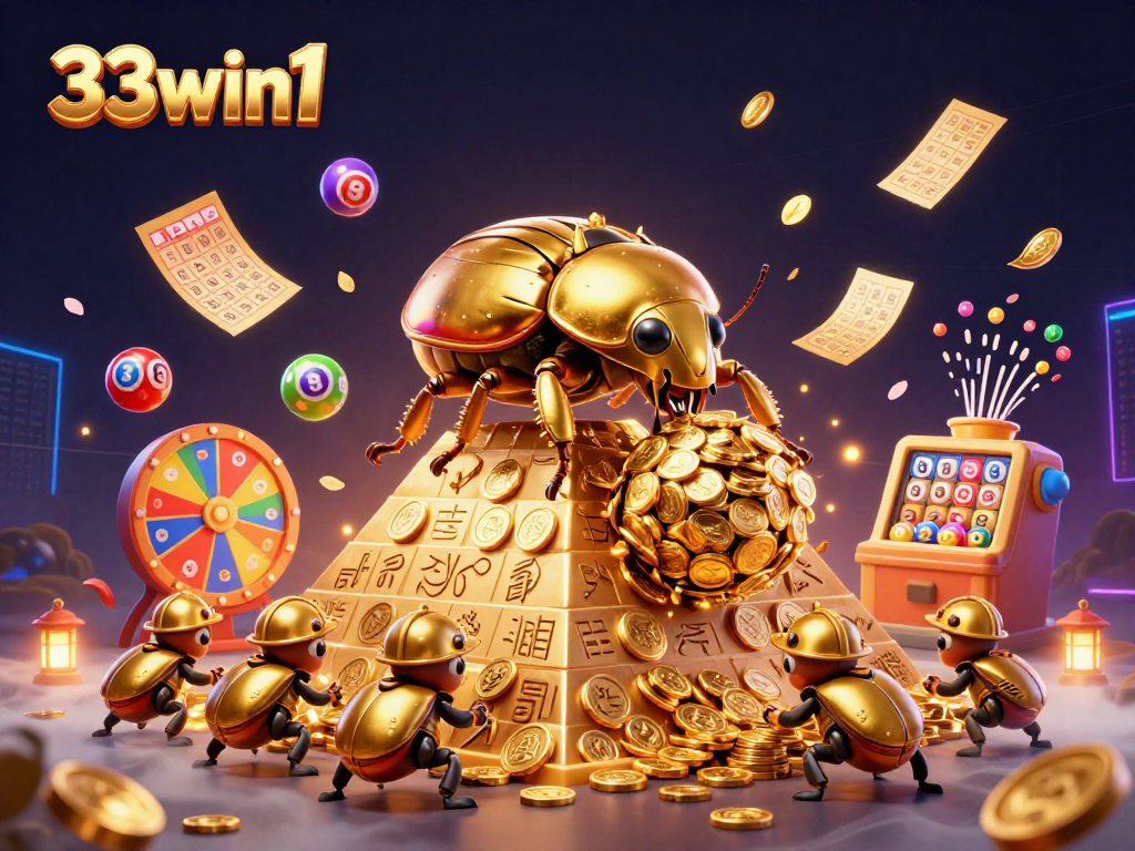 Experience thrilling lottery action with 33win1 in this vibrant 3D scene filled with games.