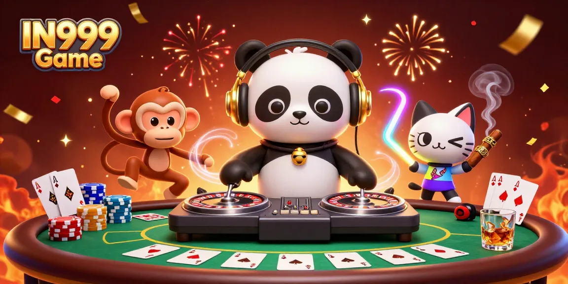 Engage with the vibrant IN999 Game as a DJ panda spins, surrounded by colorful gambling elements.