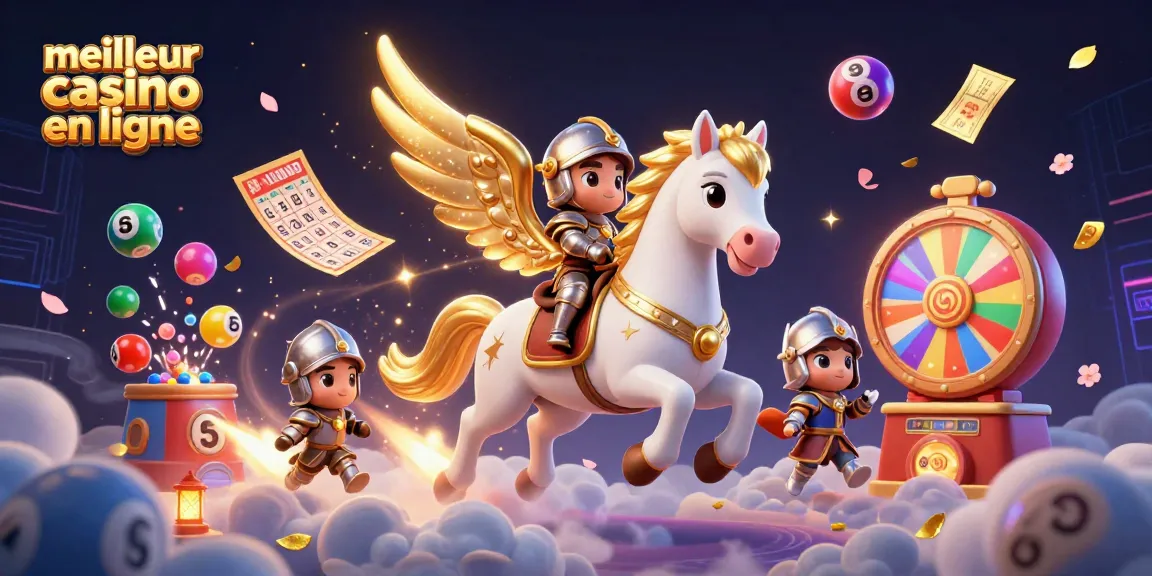 Découvrez le meilleur casino en ligne avec cette illustration animée mettant en scène un cheval céleste et des éléments de jeu colorés.